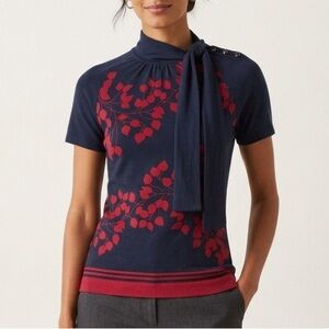 Tory Burch Navy Blue Red Leaf Print Neck Tie Button Shoulder Top Size XS FLAWED